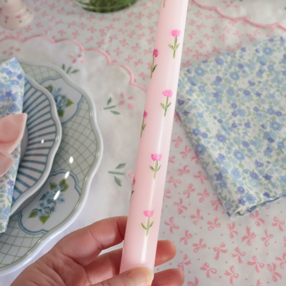 Pink Tulip Hand Painted Candle