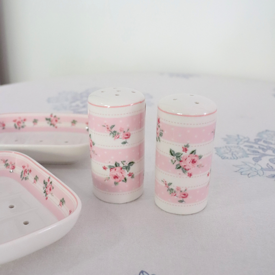 Salt and Pepper Shakers Pink stripe and floral