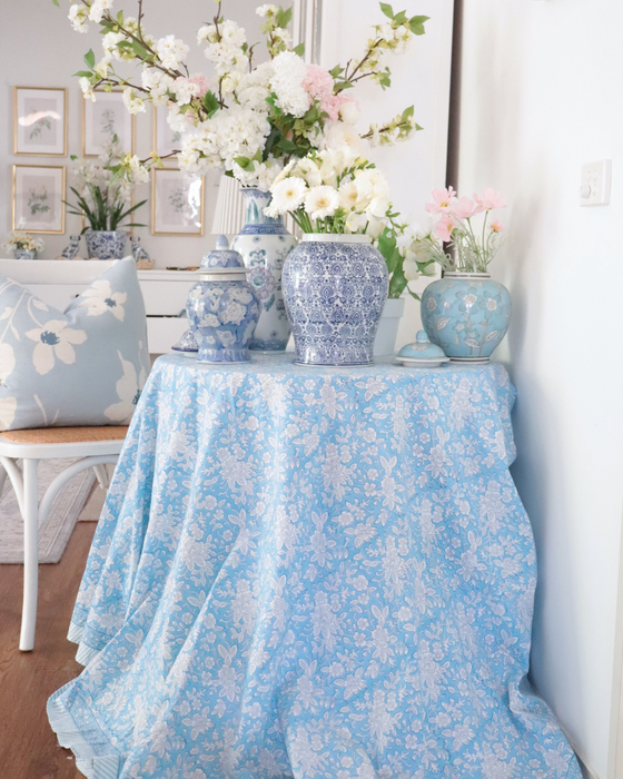 Anna blue Block Printed round Tablecloth