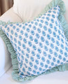 Block printed cushion cover blue with green frills