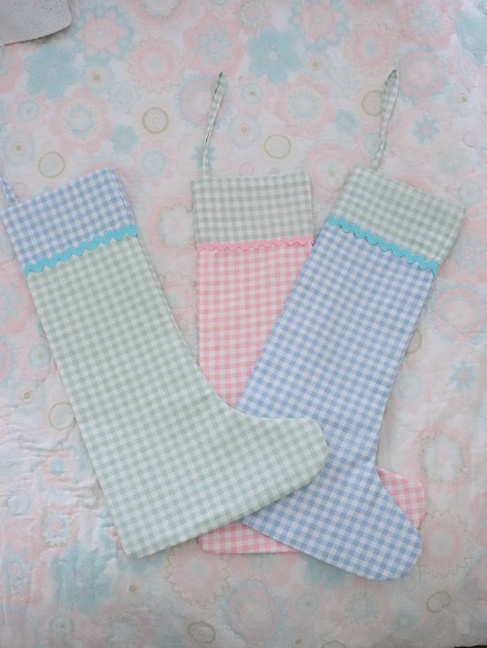 Christmas Stocking Gingham pink and Green Trim