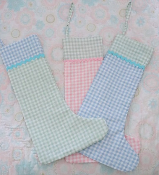 Christmas Stocking Gingham Green and Blue Trim