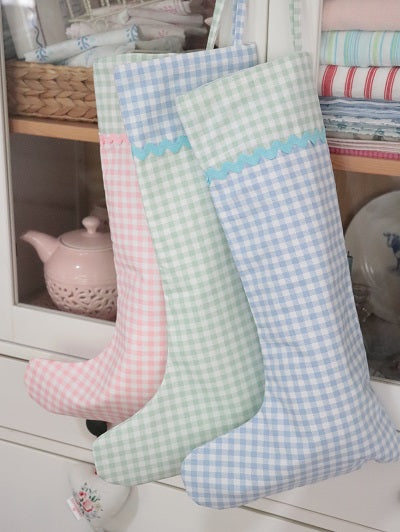 Christmas Stocking Gingham Green and Blue Trim