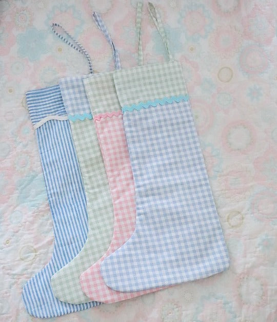 christmas stockings gingham green and blue trim
