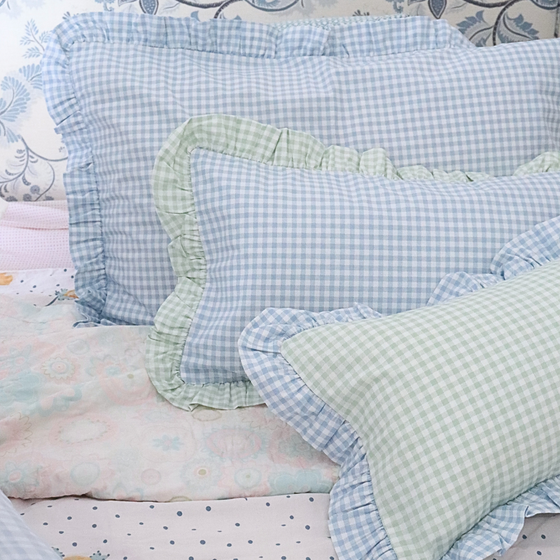 Blue gingham frilled cushion cover