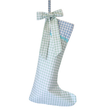  Christmas Stocking Gingham Green and Blue Trim with Bow