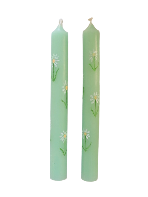 Coming up daisies green hand painted candle (pair)