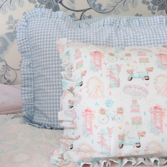 Blue gingham frilly pillowcase