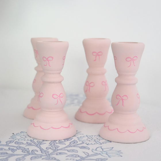 Bows Hand Painted Wooden Candlestick Holders