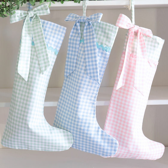 Christmas Stocking Gingham Blue and Green Trim with Bow