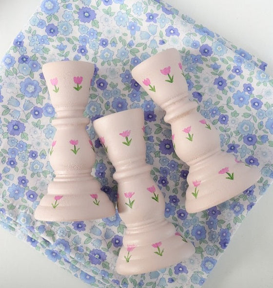 Hand Painted Wooden Candlestick Holders Pink
