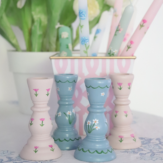 Hand Painted Wooden Candlestick Holders Narcissi