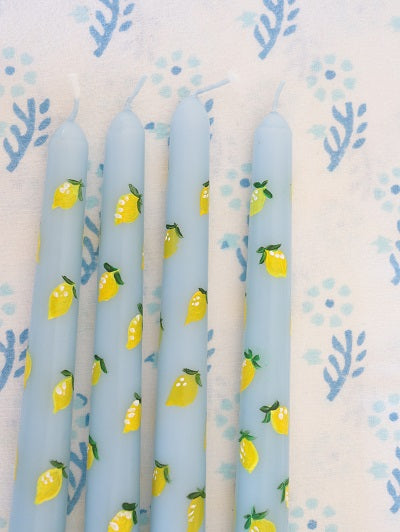 lemons hand painted candles pair